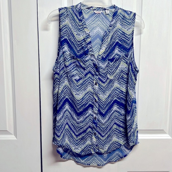 Guess Shades of Blue Green Xig Zag Print V Neck Sleeveless Sheer Top Size L - Picture 1 of 9